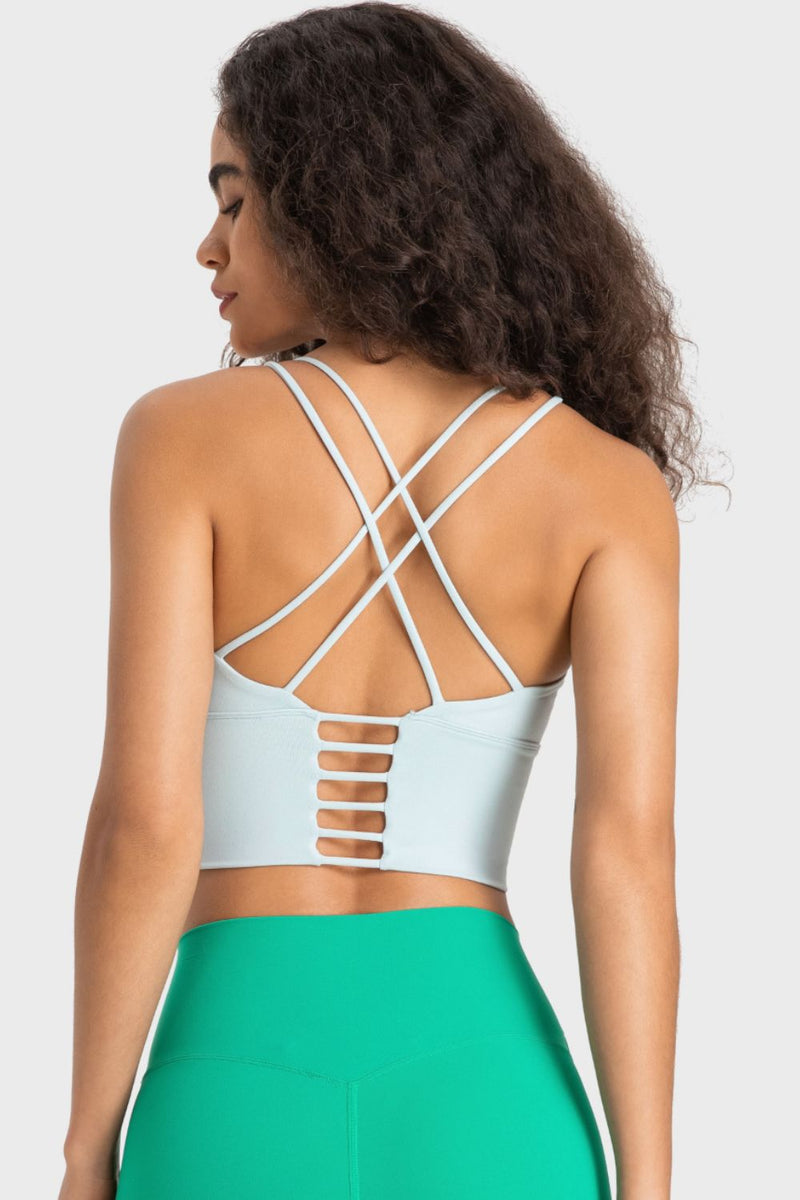 Stylish Support: Crisscross Back Ladder Detail Sports Bra at Burkesgarb