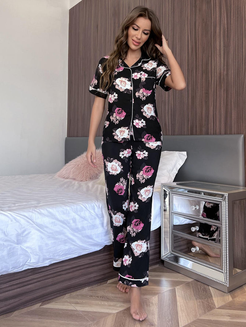 "Burkesgarb Blooming Comfort: Floral Short Sleeve Shirt and Pants Lounge Set"