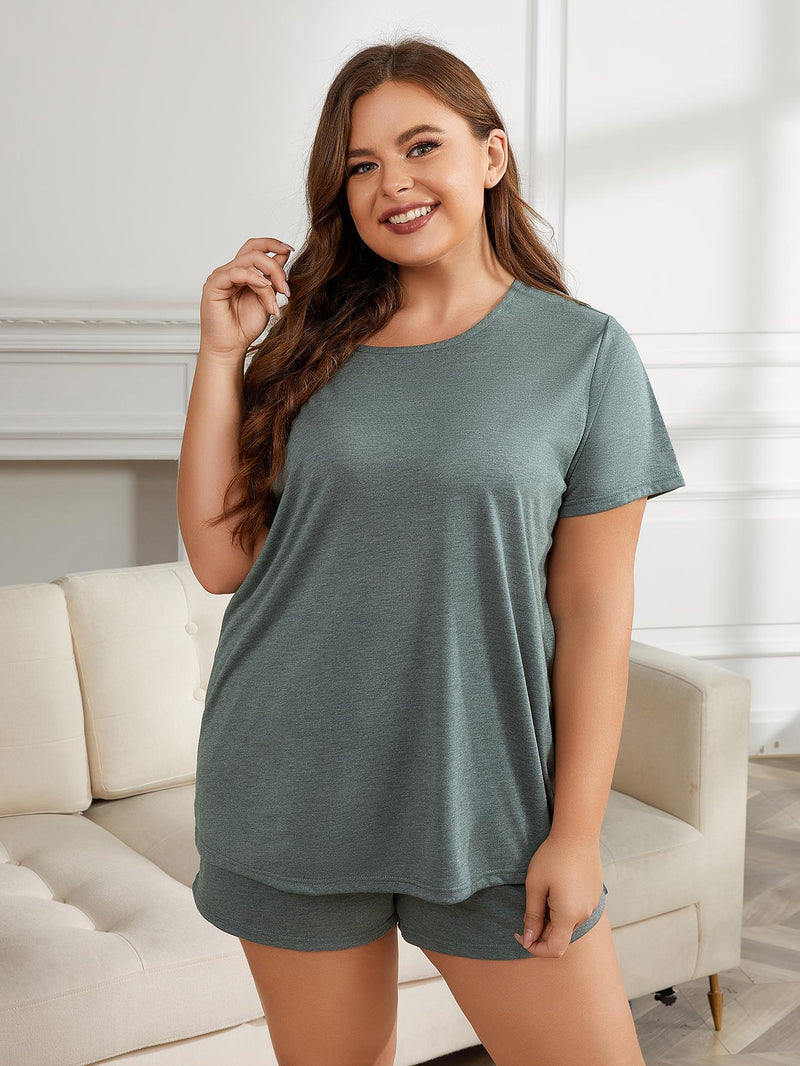 Stay Comfortable in Style with the Plus Size Round Neck Short Sleeve Two-Piece Loungewear Set at Burkesgarb