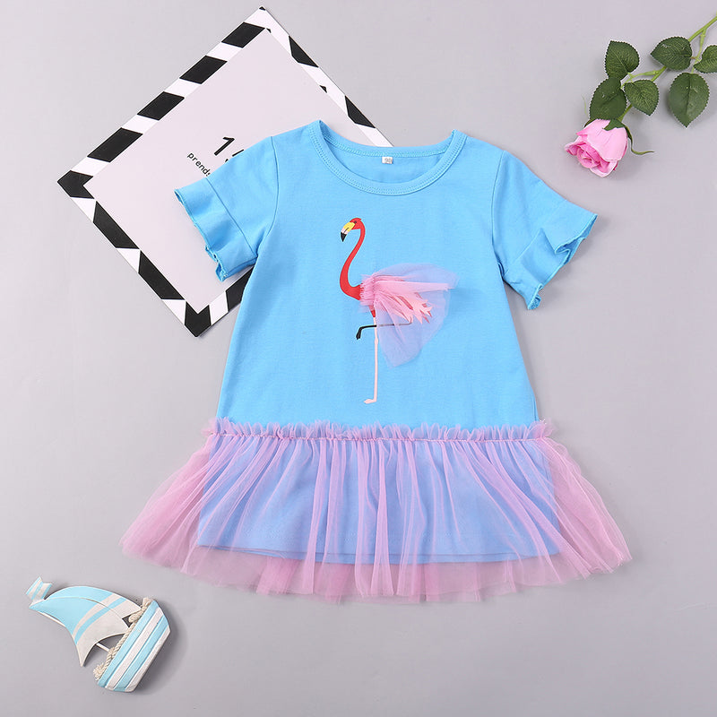 "Adorable and Comfortable: Flamingo Spliced Mesh Dress for Babies by Burkesgarb | Stylish and Playful Baby Outfit"