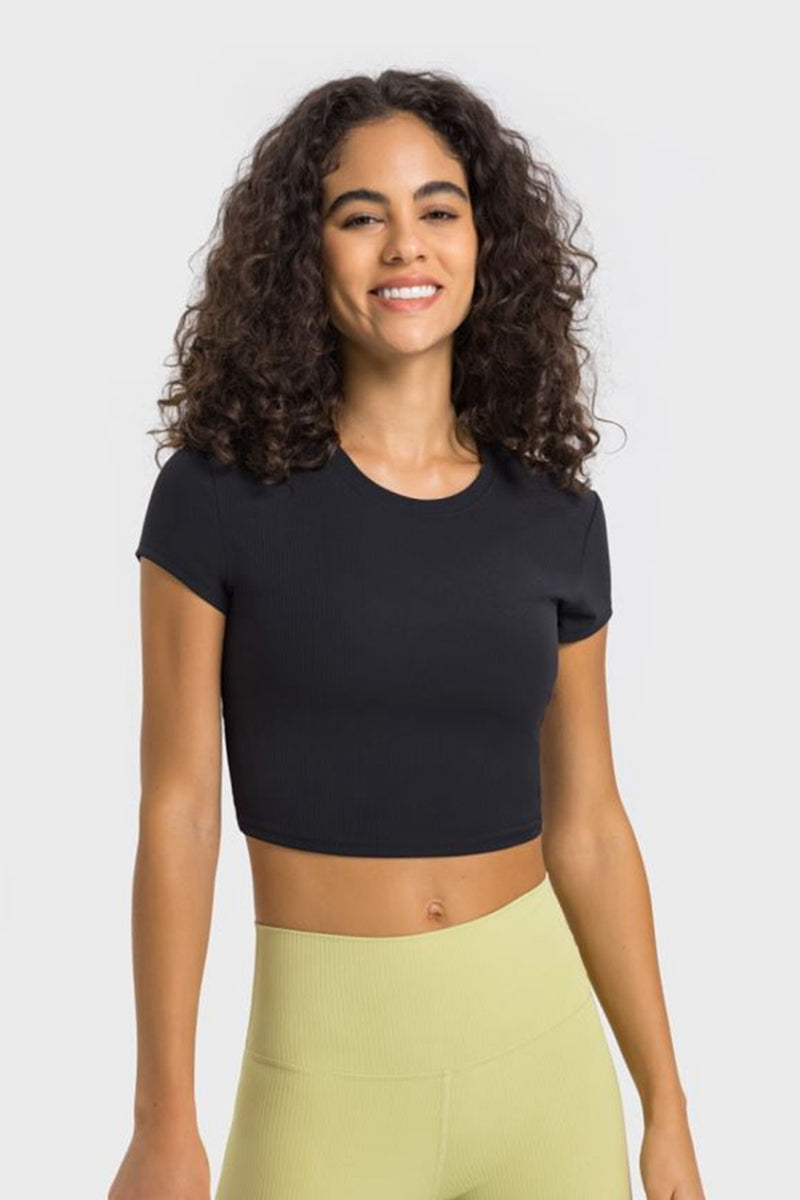 Stay Active in Style with the Round Neck Short Sleeve Cropped Sports T-Shirt at Burkesgarb