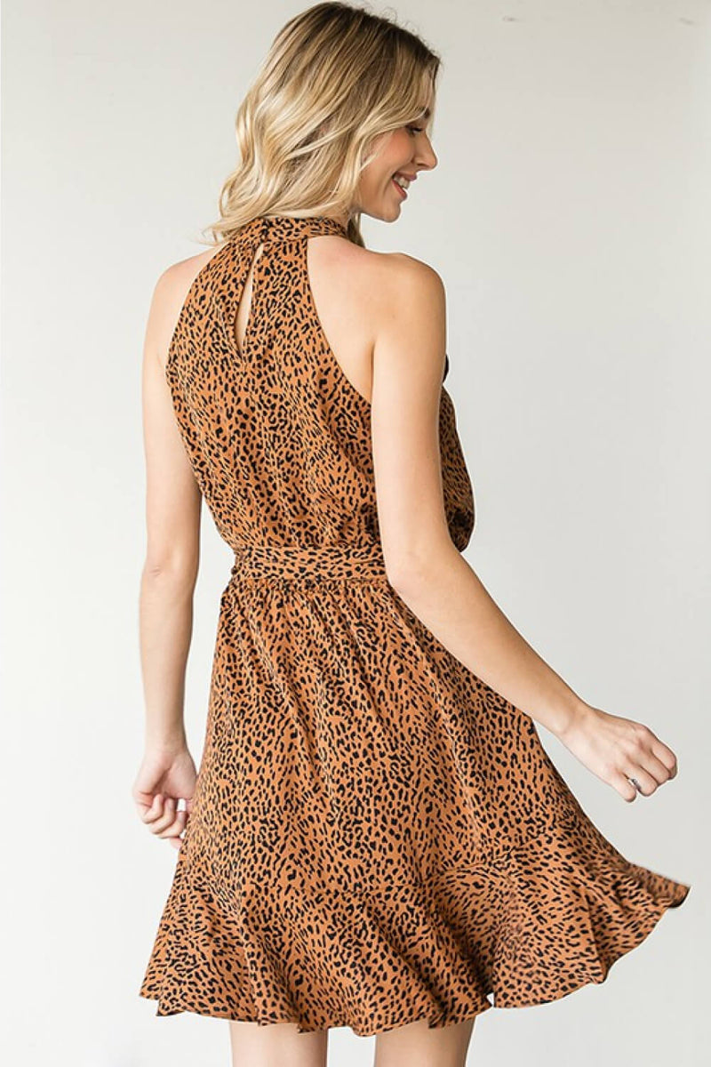 "Effortlessly Chic: Leopard Design Belted Sleeveless Dress by Burkesgarb | Stylish and Versatile Women's Outfit"