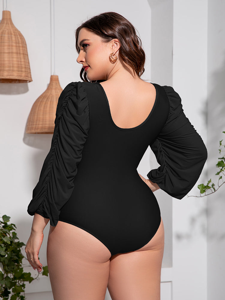 Flattering and Chic: Plus Size Tied Deep V Balloon Sleeve One-Piece Swimsuit | Burkesgarb